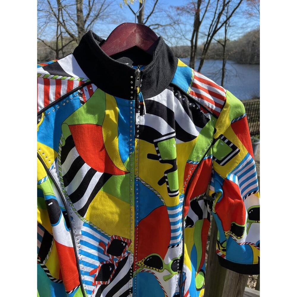 Berek Mod Embellished Rhinestone Jacket Full Zip Wearable Art Happy Lady Medium